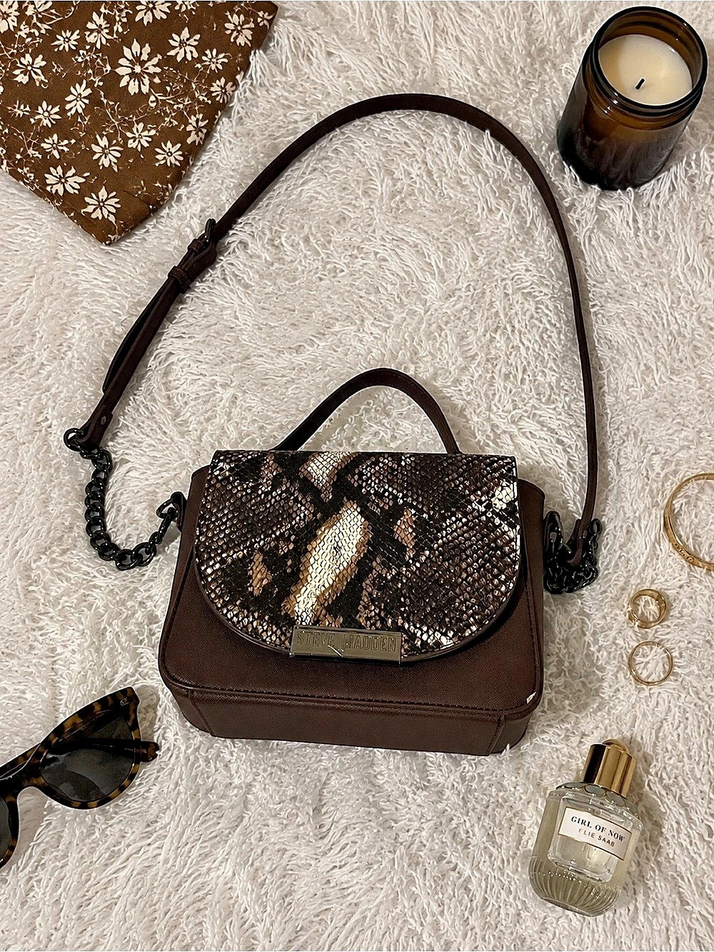Steve Madden Snakeskin Flap Crossbody Brown & Gold Like New